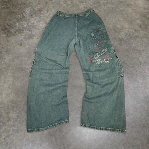 Vintage Y2K Rhinestone Dragon Wide Leg Denim Jeans Womens 30x28 Streetwear